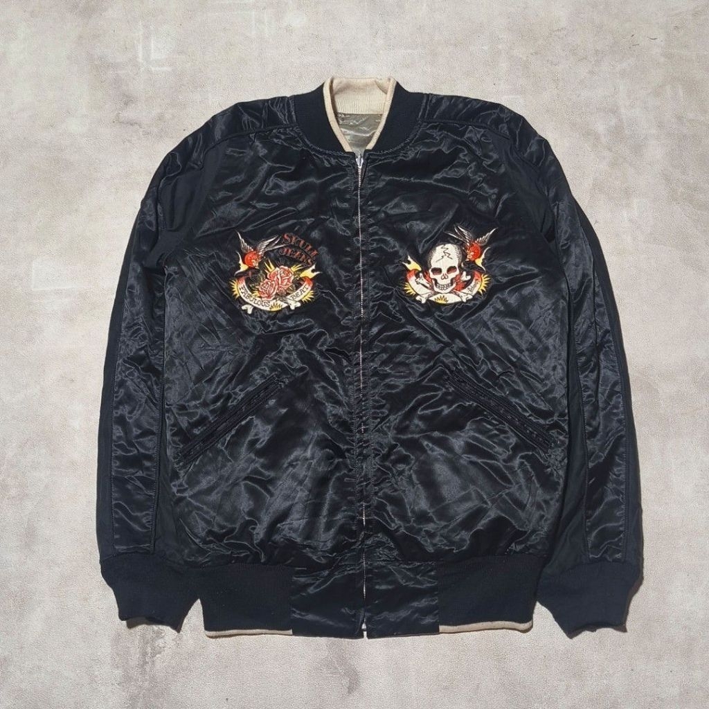 Jaket bomber sukajan pria skull jeans anda alchemist hitam silver