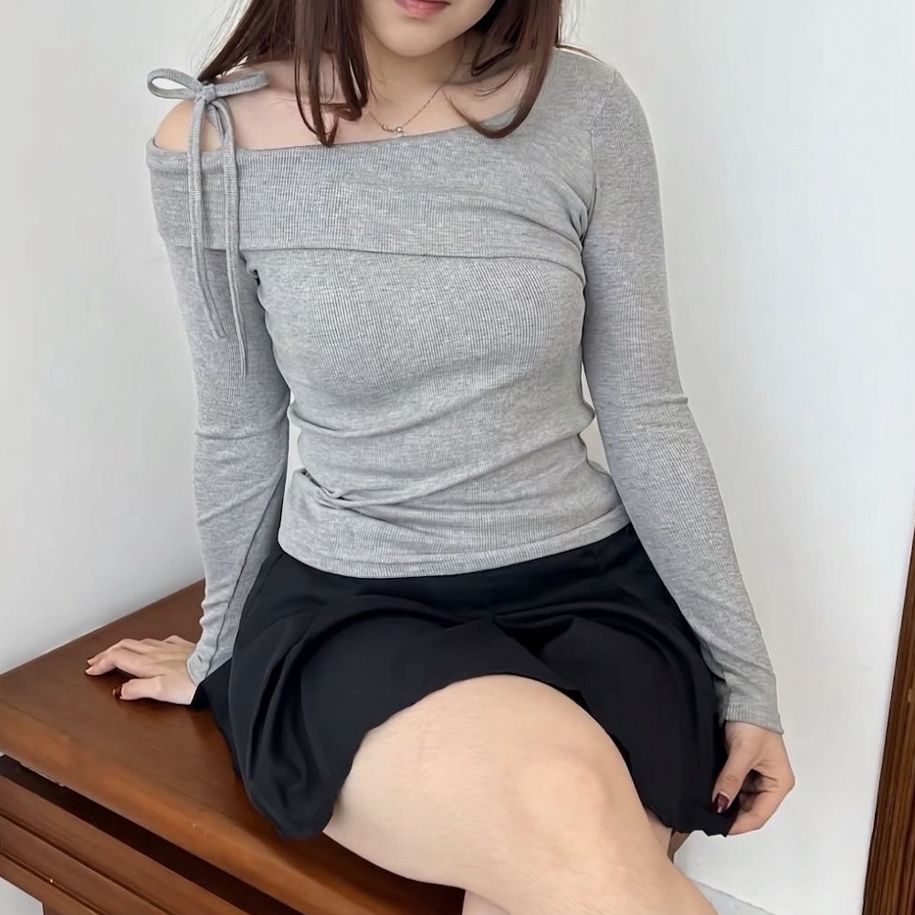 Ms Fashion - Yeona Top Jumbo Sabrina Knit Atasan Wanita Lengan Panjang Pita Korean Style