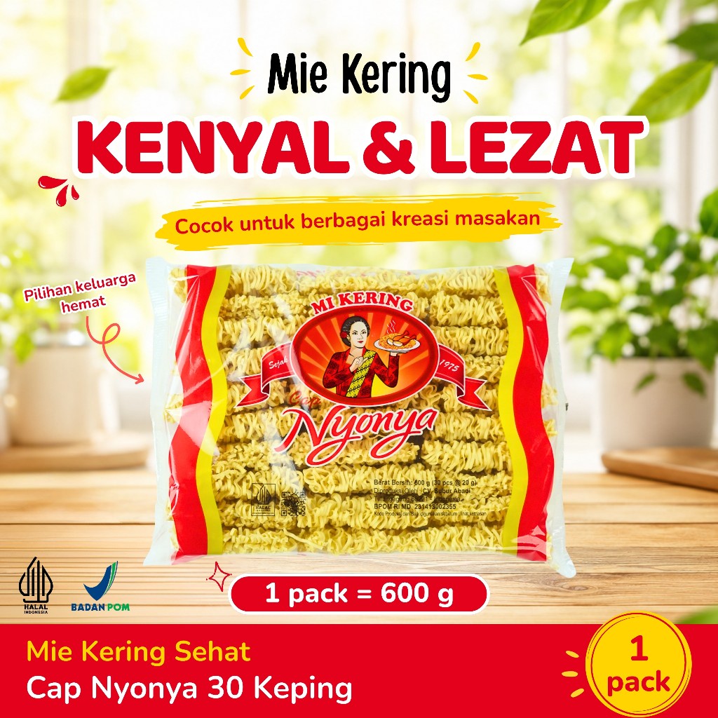 Mie kering cap Nyonya isi 30 keping - 1 pack 600 gram - Tanpa Pengawet, Tanpa MSG, Serbaguna