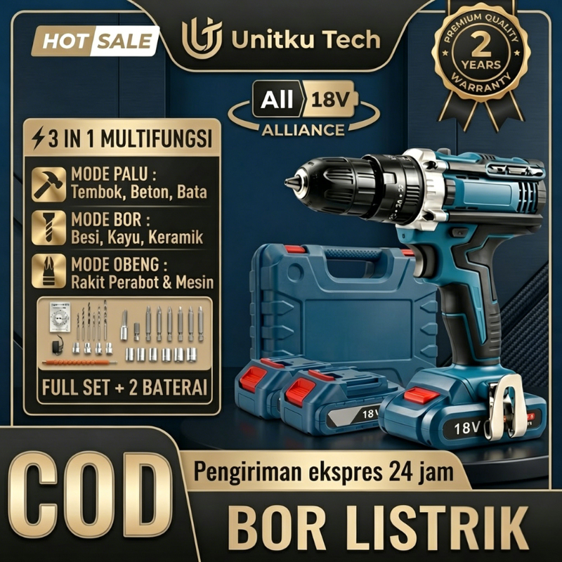 bor listrik 18vf Mesin bor 2baterai cas bor listrik bor tangan baterai besi tembok Beton kayu - Cord