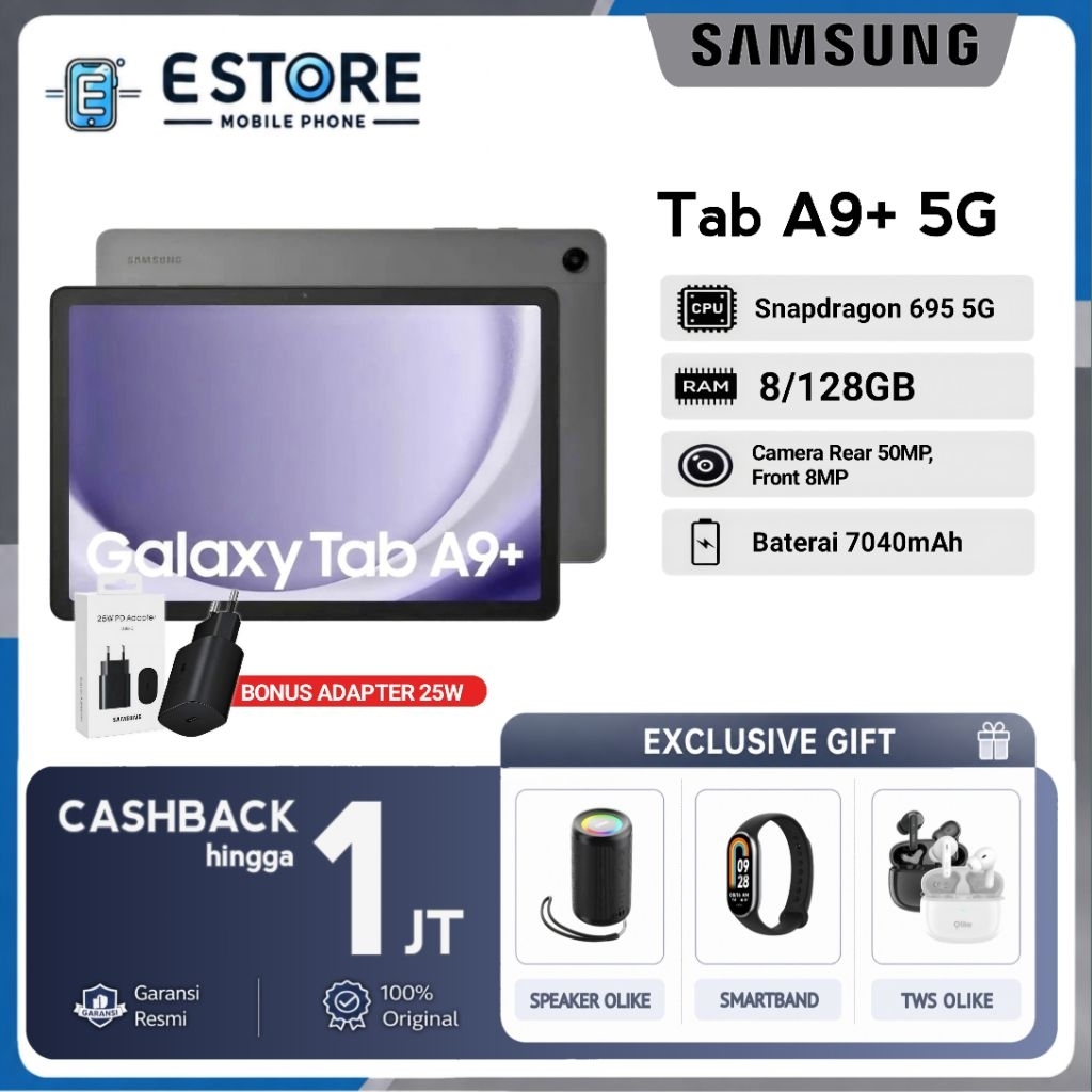 Samsung Galaxy Tab A9+ 5G [8/128GB] - 11inches, Snapdragon 695 5G - Tab A9 Plus Garansi Resmi Sein