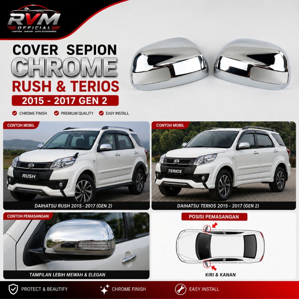 Cover Spion Chrome Rush Terios 2015 2016 2017 Gen 2 | Cover Kaca Spion Chrome ABS Premium Kiri Kanan