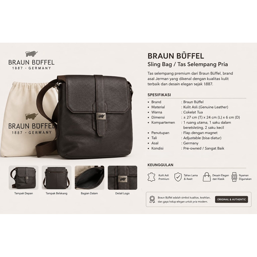 TAS PRIA BRAUN BUFFEL ORIGINAL (Preloved Like New Sekali Pakai)