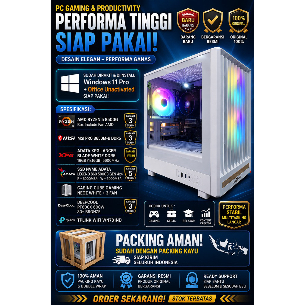 Rakitan PC Gaming AMD RYZEN 5 8500G RAM DDR5 16GB Siap Pakai