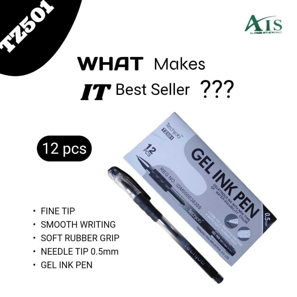 1pak bolpen pulpen techno tehjob gel hitam biru