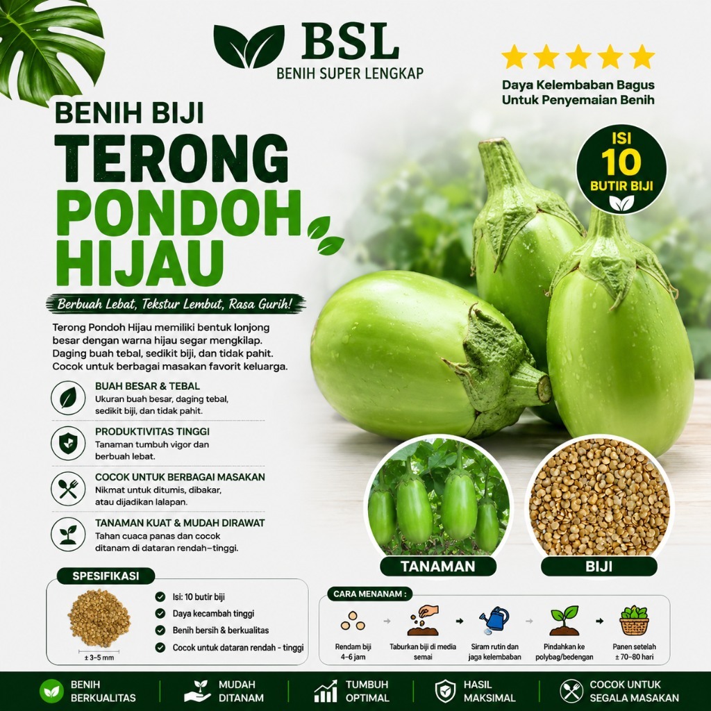( 10 Butir ) Benih Biji Terong Pondoh Hijau | Terong Hijau Jumbo Jepang | UKI BIBIT