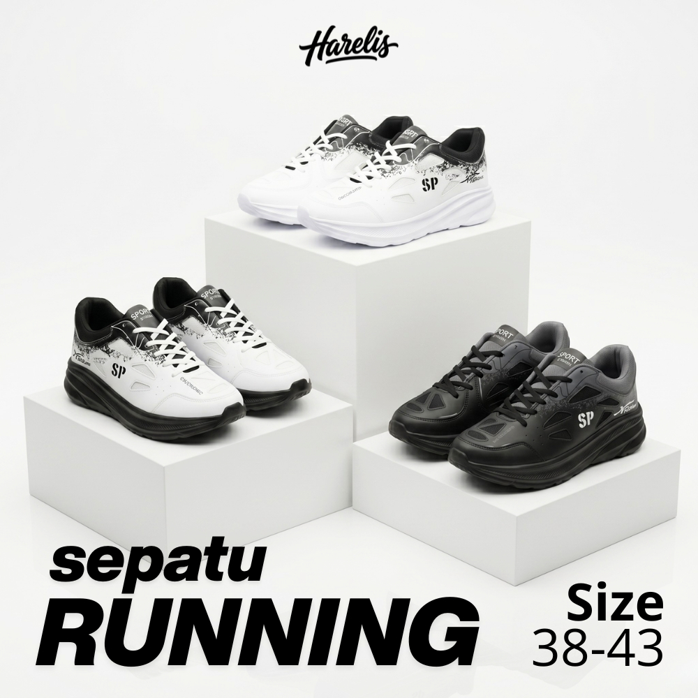 Sepatu Olahraga Pria Running Sport Shoes JT24 Ergonomic Casual Lari Jogging Sneakers Cowok Hitam Put