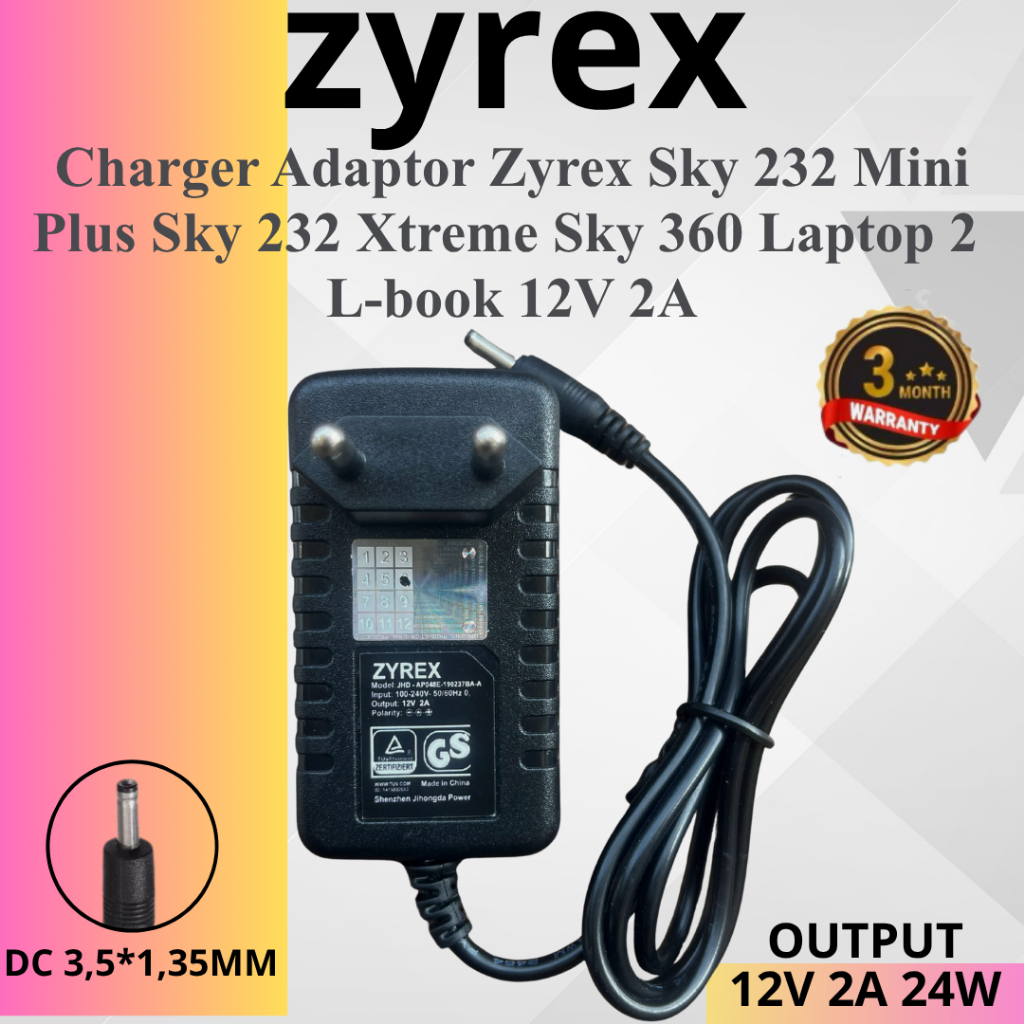 Charger Adaptor Zyrex Sky 232 Mini Plus Sky 232 Xtreme Sky 360 Laptop 2 L-book 12V 2A JACK 3,5MM
