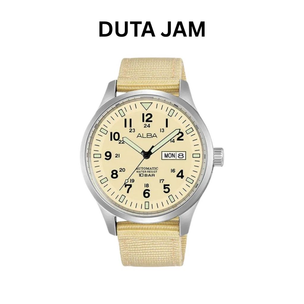 JAM TANGAN PRIA ALBA AL4221 AL4221X AL4221X1 ANALOG AUTOMATIC CREAM NYLON STRAP
