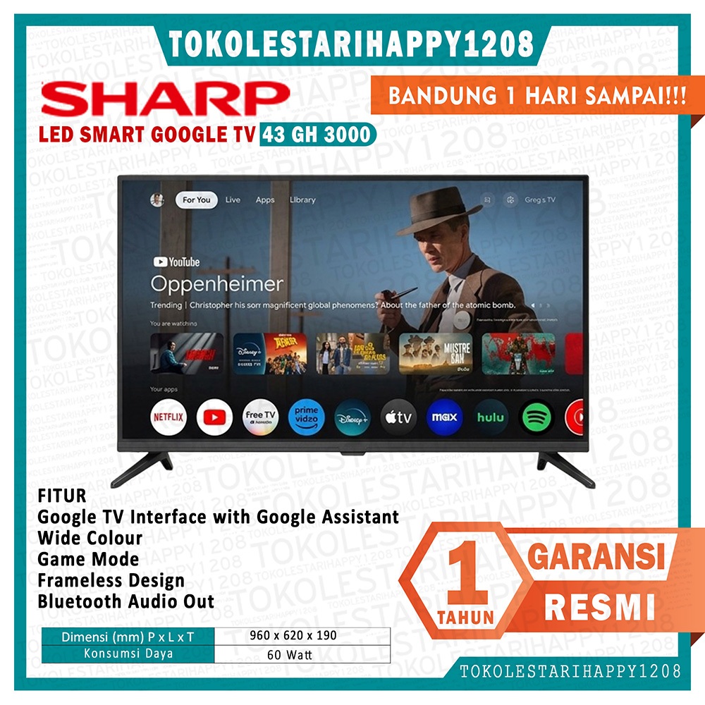 LED TV ANDROID 43 Inch SHARP 2K Google TV 2T-C43GH3000I GARANSI RESMI