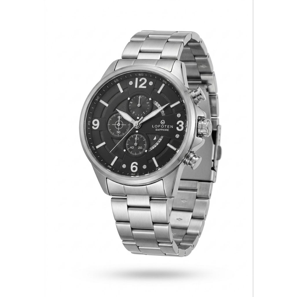 Jam Tangan Lofoten 6507 Rantai Silver Dasar Hitam Cowok