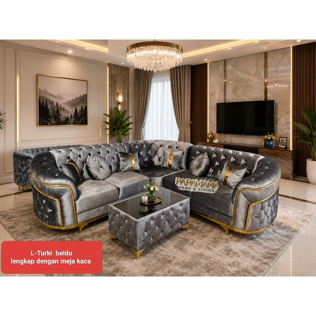 Sofa Tamu L Turki Beludru - Sofa Mewah List Gold Kaki Stainless Gold