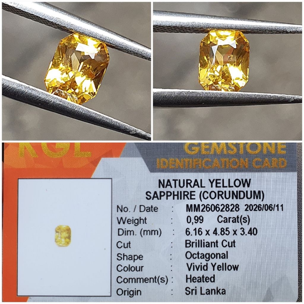natural vivid yellow Sapphire srilanka 0.99ct eye clean full luster cutting rapi memo KGL