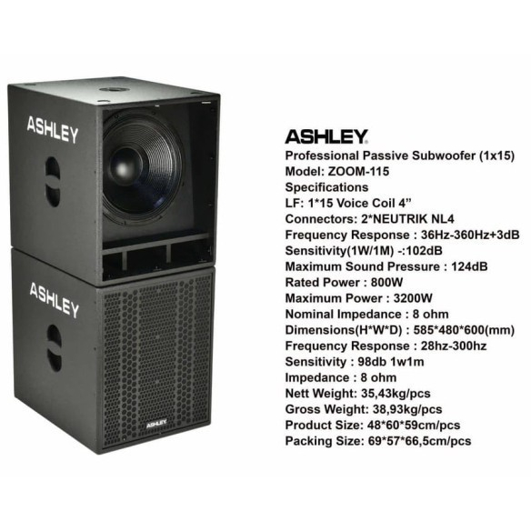 SUBWOOFER SPEAKER PASSIVE ASHLEY ZOOM-115 15 INCH SUB PASIF ASHLEY ZOOM 115 ORIGINAL  packing kayu