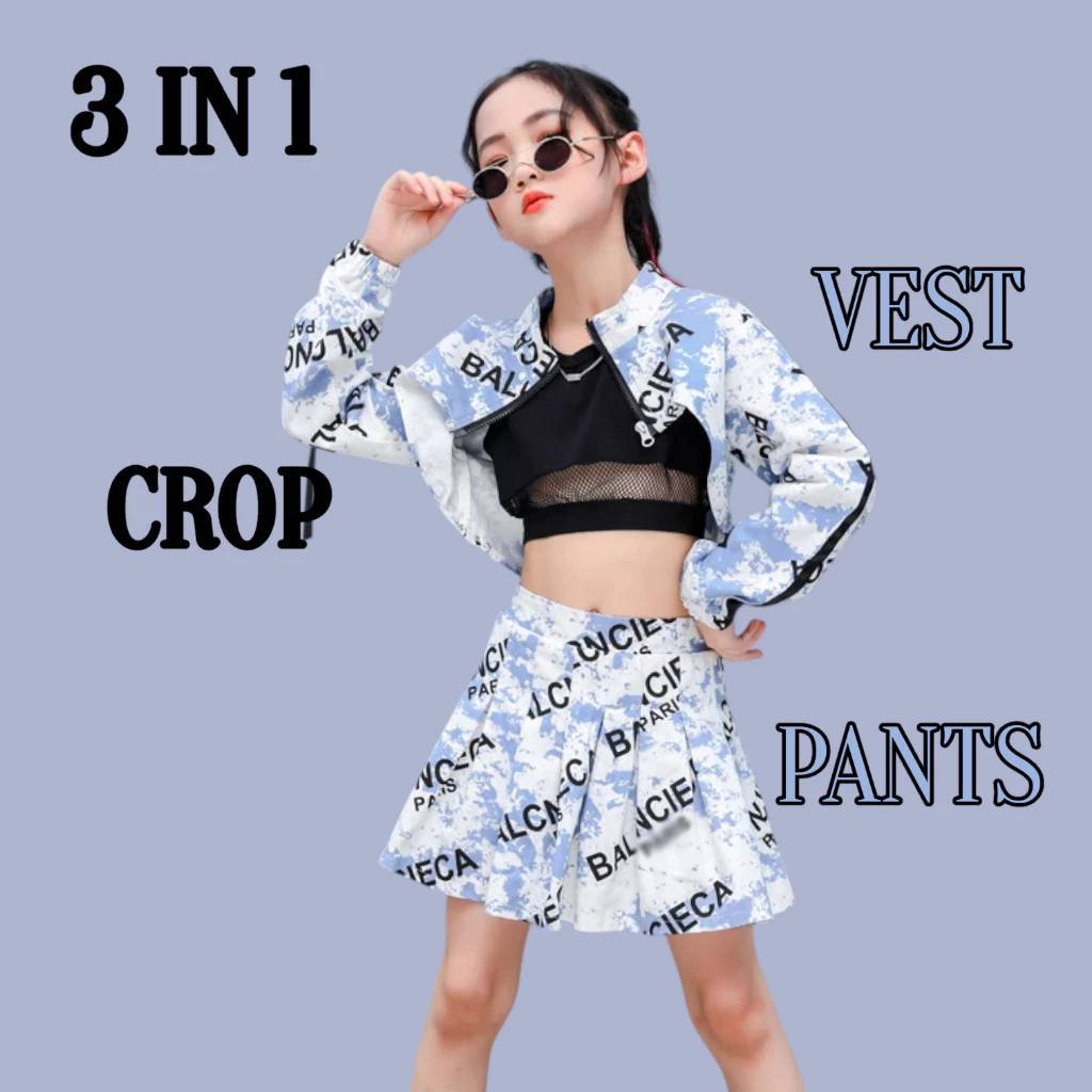 PIXIE SETELAN KOSTUM DANCE CROP VEST DAN ROK ANAK PEREMPUAN KOREAN STYLE HIP HOP KPOP KOSTUM USIA 3-