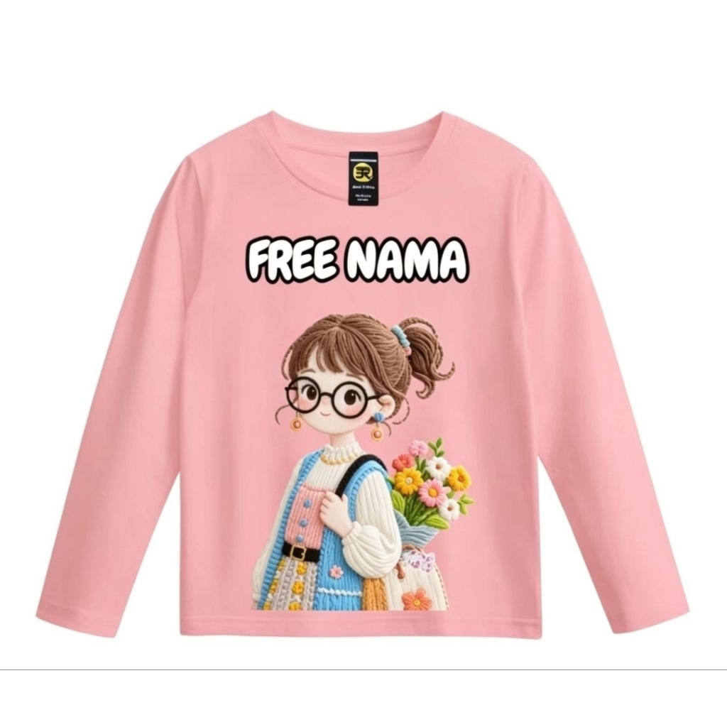 (GRATIS NAMA) Kaos Anak Lengan Panjang Bordir 3D Cewek Bunga