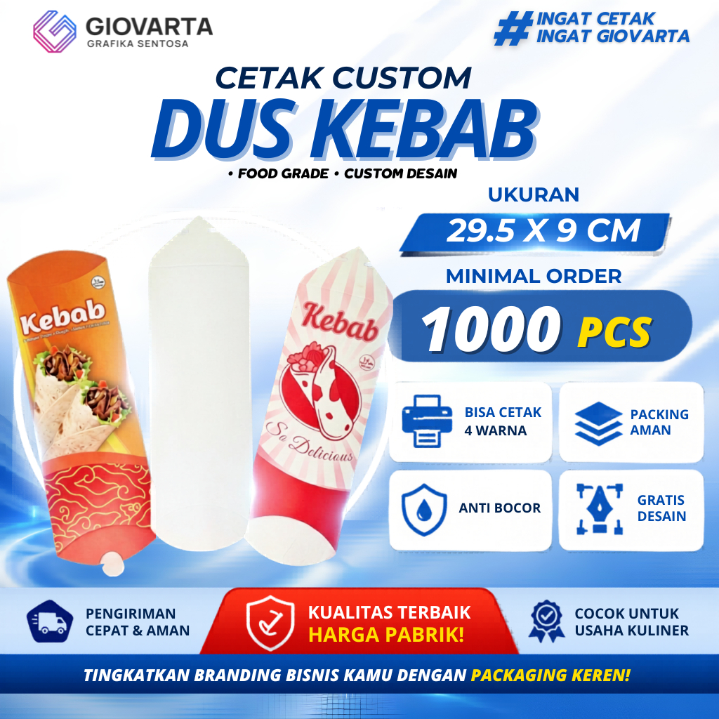 Kemasan Wadah Bungkus Box Kertas Tempat Kebab 29.5x9 cm Desain Full Color Desain Custom