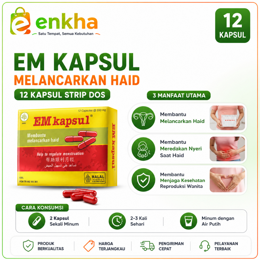 EM Herbal 12 Kapsul Original Kemasan Praktis Suplemen Herbal Membantu Melancarkan Haid, Meredakan Ny