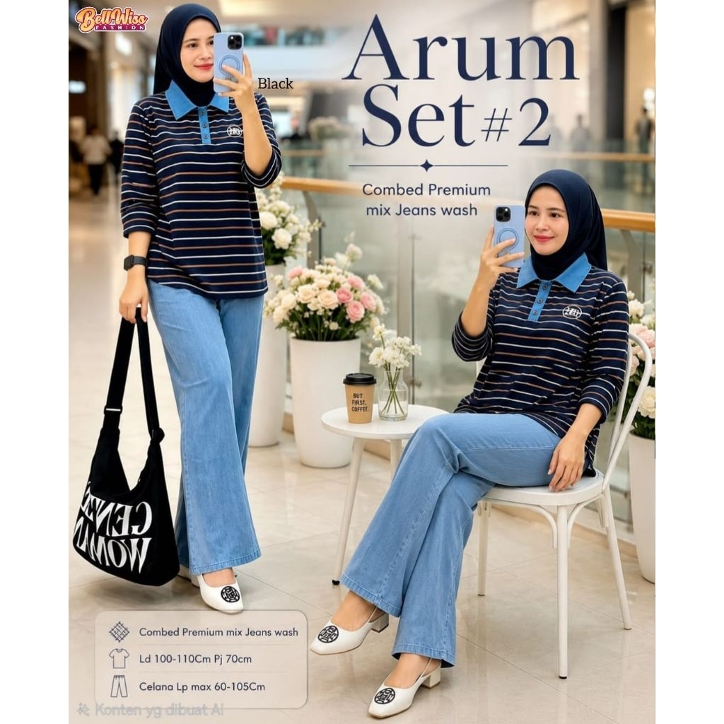 Setelan Wanita Arum Set By Bellwis - Bahan Celana Jeans Atasan Combed