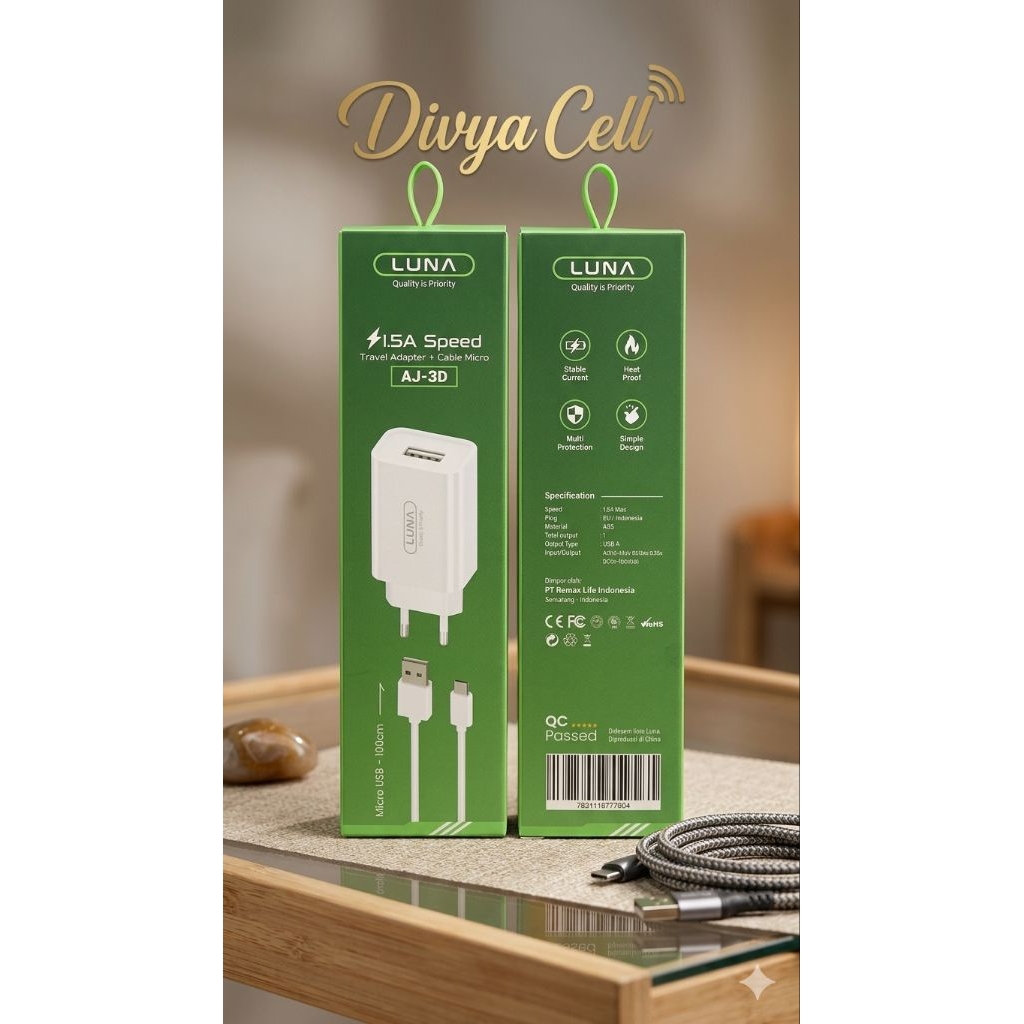 Charger Original LUNA AJ-3D 1.5A Fast Charging Adaptor Cas HP Android Samsung Oppo Vivo Xiaomi Plus 