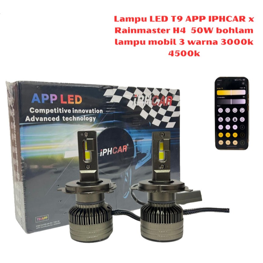 Lampu LED T9 APP IPHCAR x Rainmaster H4  50W bohlam lampu mobil 3 warna 3000k 4500k