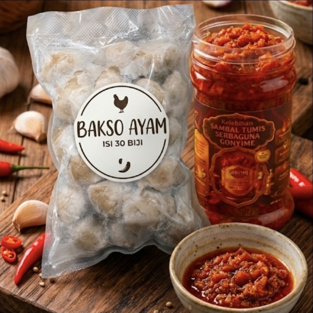 PAKET BAKSO FROZEN AYAM ISI 30 BIJI + SAMBAL TUMIS PEDAS MANTULL HOMEMADE [INSTANT MAKASSAR]