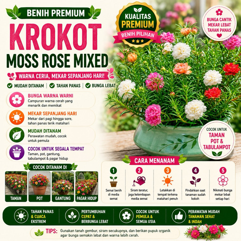 ( 20 Butir ) Benih Biji Bunga Pukul 9 | Bunga Krokot Moss Rose | Portulaca Grandiflora | Moss Rose