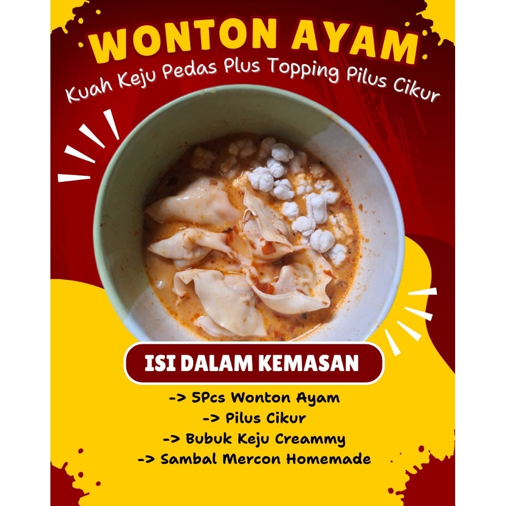 Wonton Ayam Kuah Keju Pedas plus Topping Pilus Cikur - Pangsit Ayam Kuah - Wonton Kuah Keju Pedas