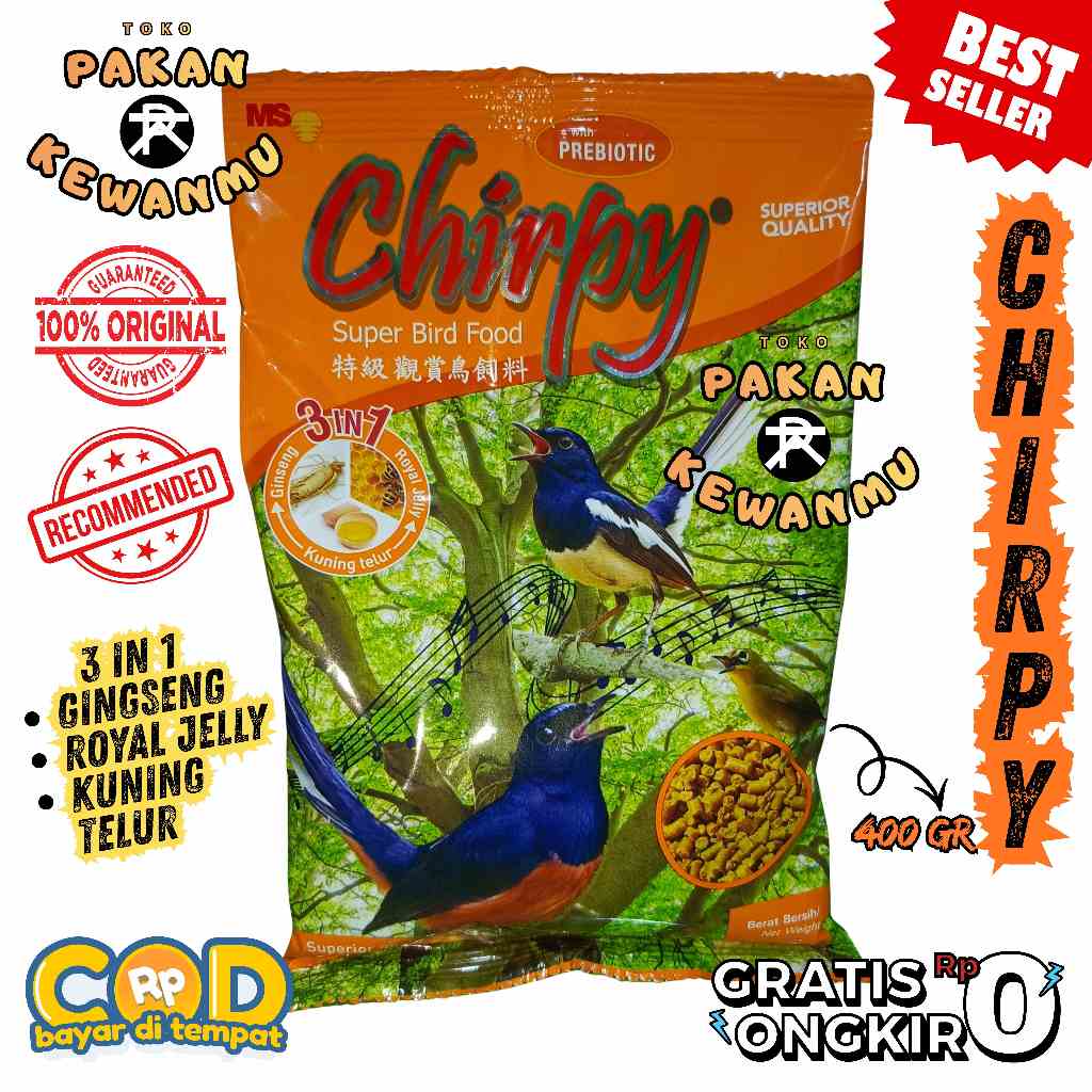 Chirpy Super Bird Food 400 Gr Prebiotic 3 In 1 Ginseng Royal Jelly Kuning Telur - Pakan Burung Juara
