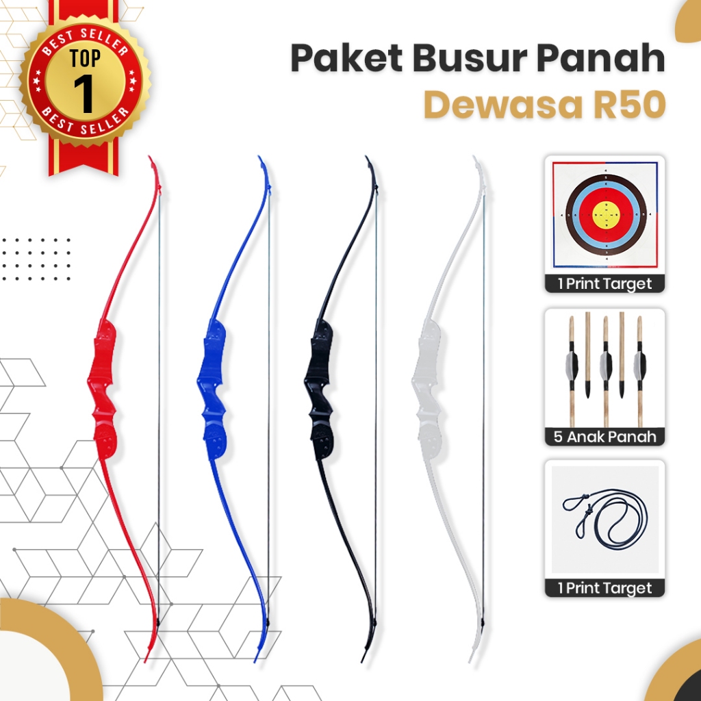 Busur Panah Miqdam Dewasa R50 || Face Target || 5 Arrow Bambu Petung Point Anhas Vanes Lakban
