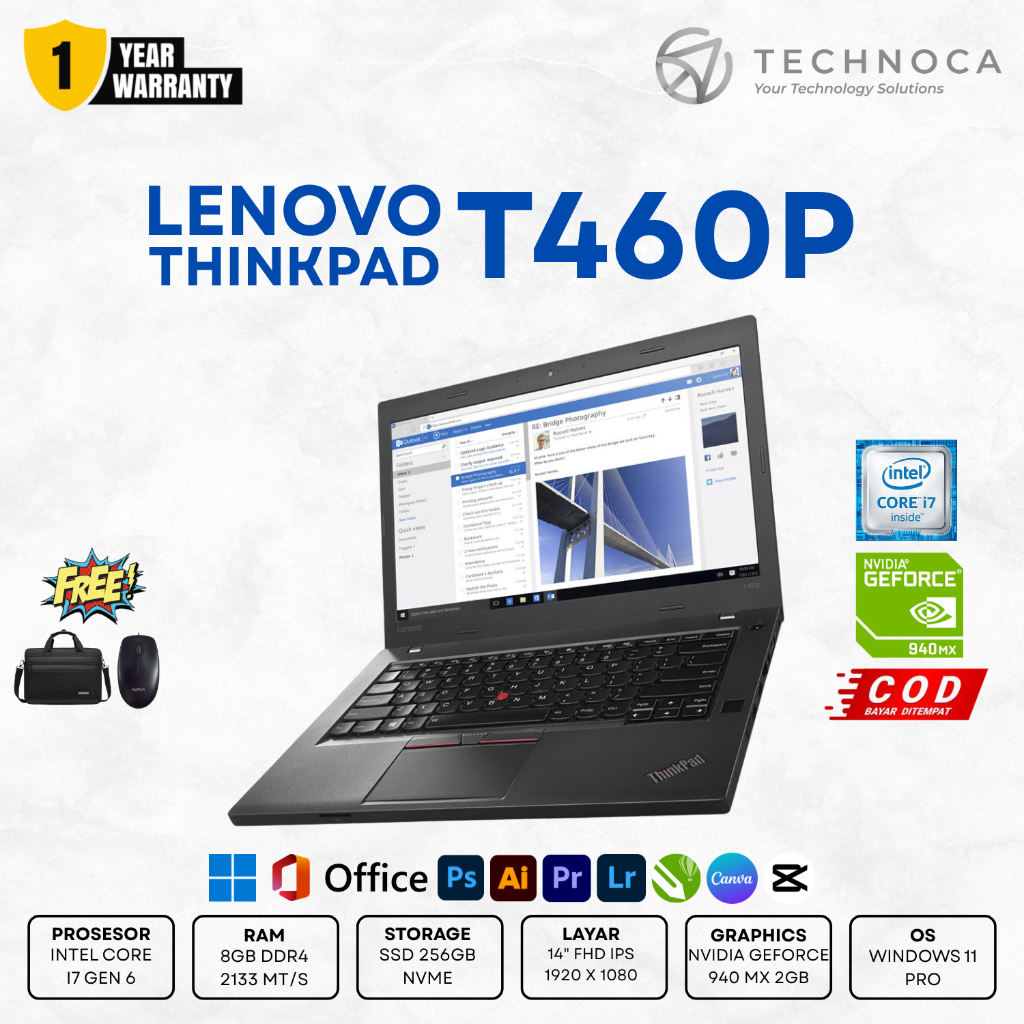 LAPTOP GAMING LENOVO THINKPAD T460P I7 6700HQ RAM 8GB SSD 256GB NVIDIA GEFORCE 940 MX 2GB GARANSI 1 