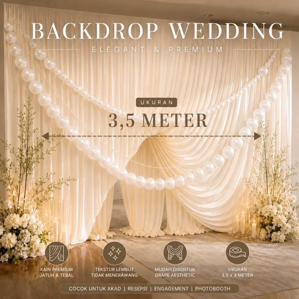 Paket Kain Backdrop Wedding + Bola Mutiara Premium 4 Meter Dekor Akad Tunangan