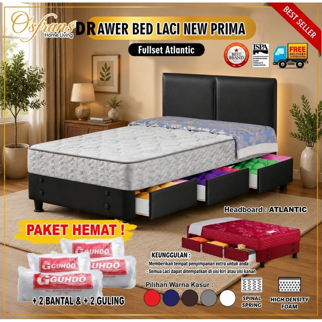 Guhdo Spring Bed 3 Laci New Prima Drawer Bed HB Atlantic FULL SET / TANPA SANDARAN 90x200 / 100x200 