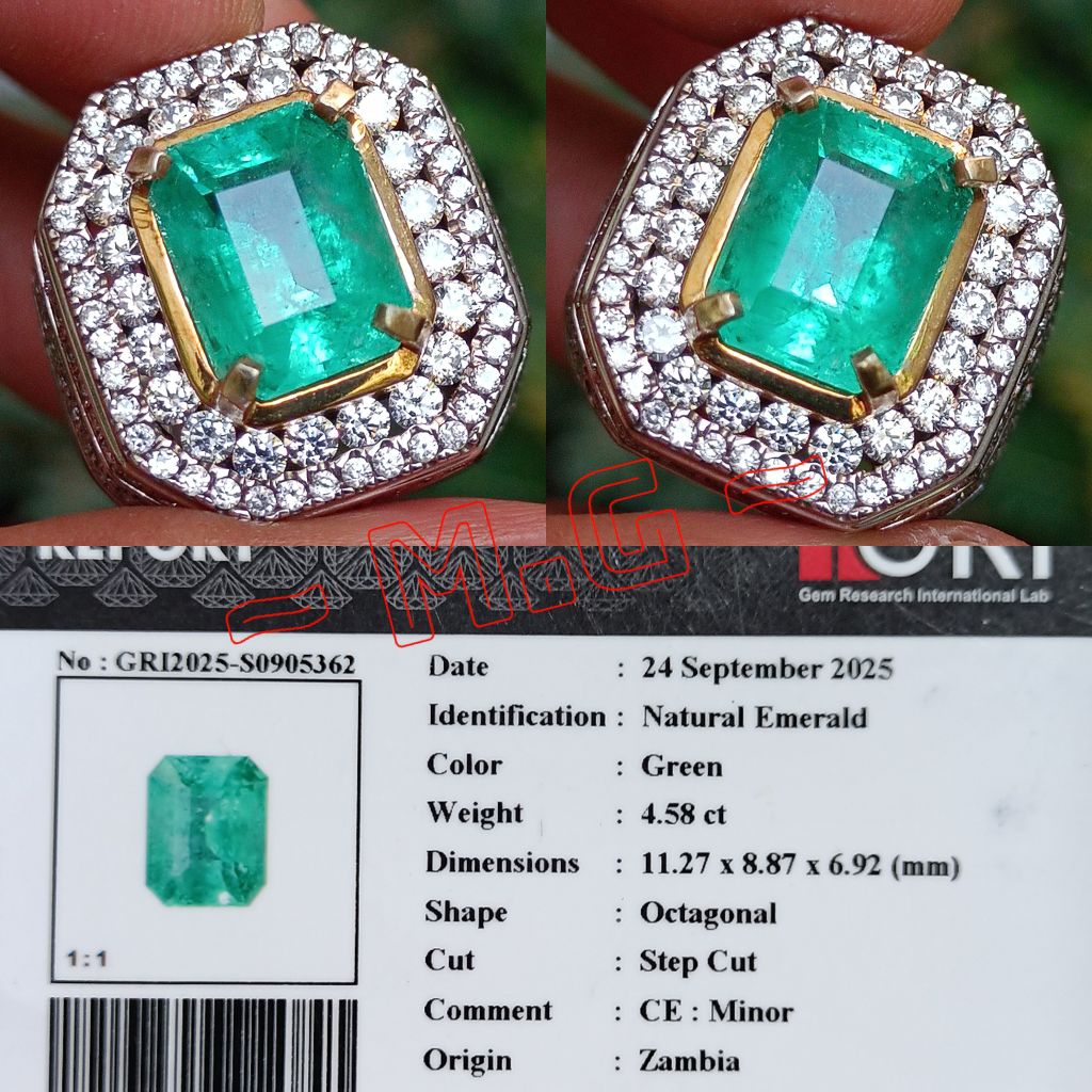 NATURAL PERMATA GOOD LUSTER EMERALD BERYL ZAMRUD ZAMBIA 4.58 CARAT GREEN IKAT PERAK HANDMADE MEWAH M
