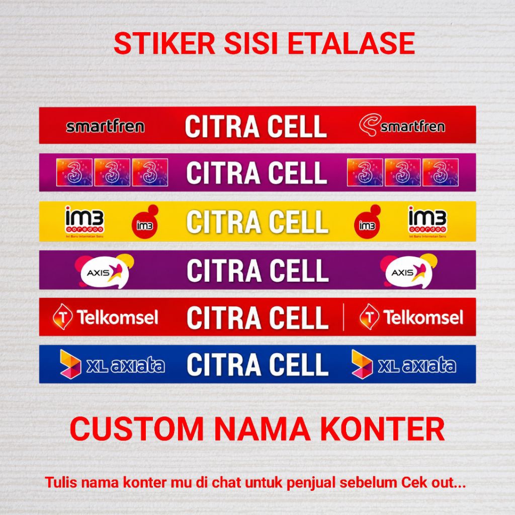 Stiker Nama Konter Pulsa Custom Operator XL Axis Telkomsel IM3 Tri Smartfren Vinyl Laminasi