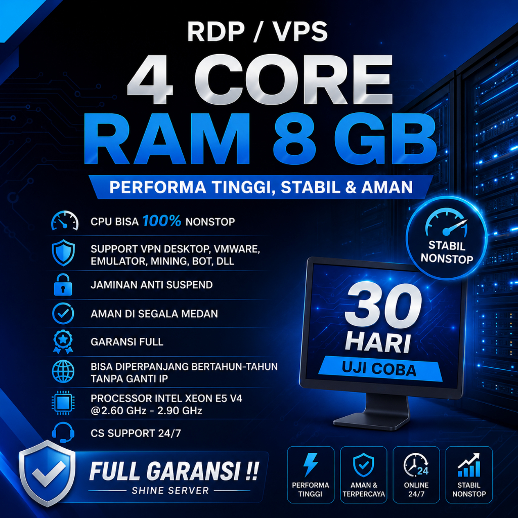 RDP VPS 4 CORE RAM 8 GB GARANSI 1 BULAN