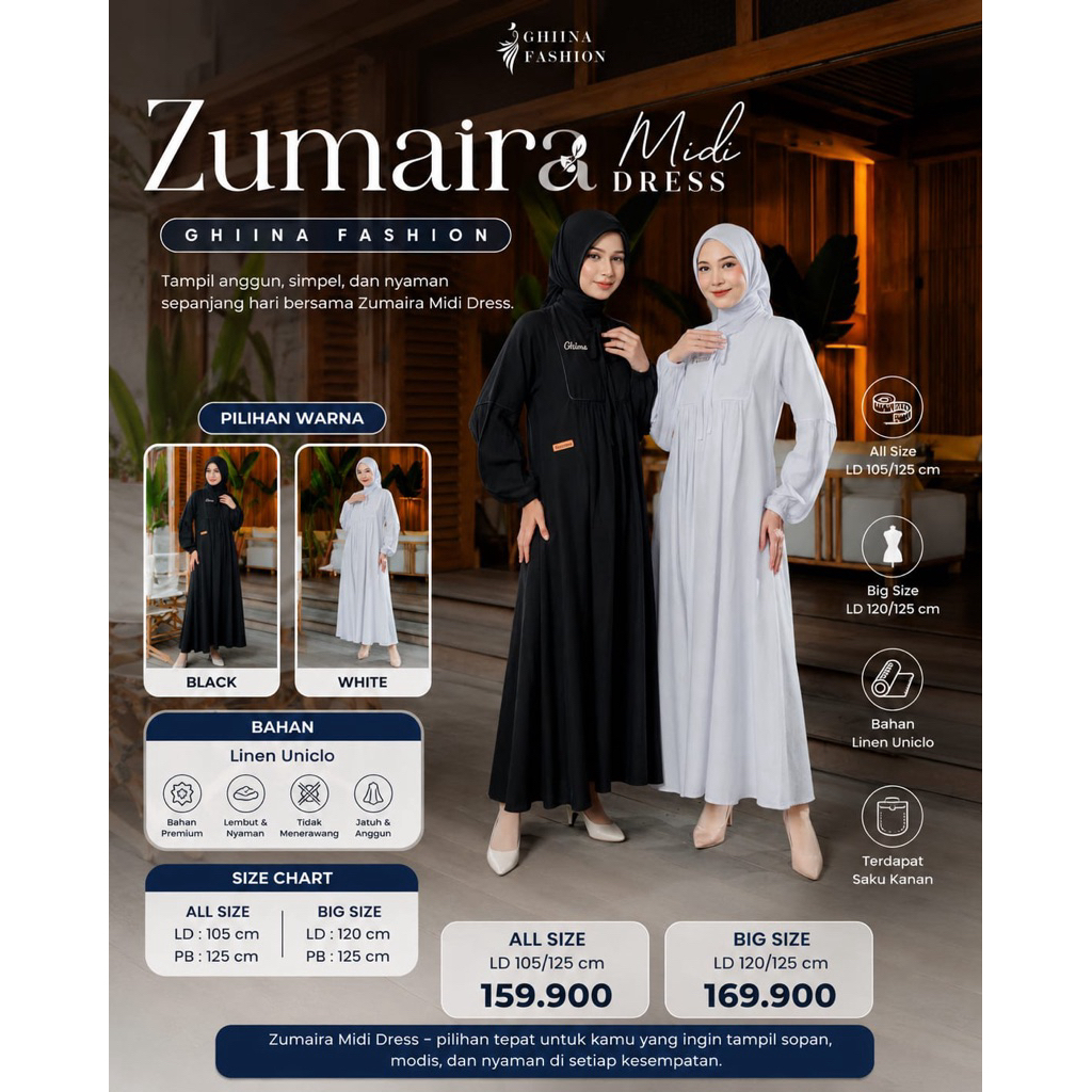 Zumaira Dress by Ghiina Fashion, Gamis Rayon Hitam Putih Premium | Gamis Muslimah Motif Kekinian | D