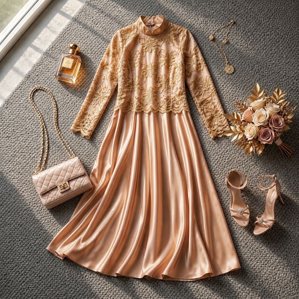 Gaun Pesta Gamis Brokat Satin Premium – Elegant Gold Edition