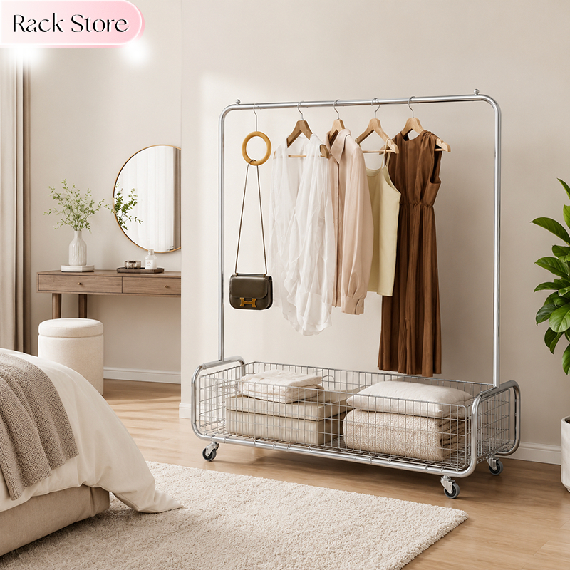 Rak Gantungan Baju Stand Hanger Berdiri Jemuran Roda Besi Stainless Berdiri Rak Troli Dorong
