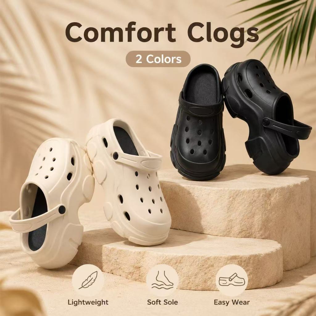 Sepatu Clog Platform EVA Unisex Wanita Pria, Sandal Crocs Sol Tebal Empuk Lubang Bernapas Tali Adjus