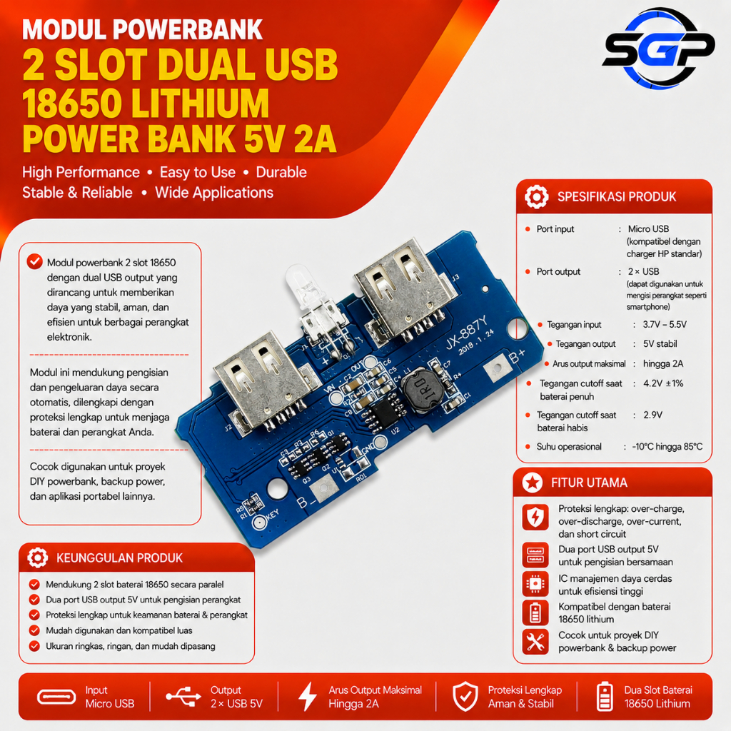 Modul Powerbank 2 Slot Dual USB 18650 Lithium Power Bank 5V 2A Charger Step Up Protection Modul Powe