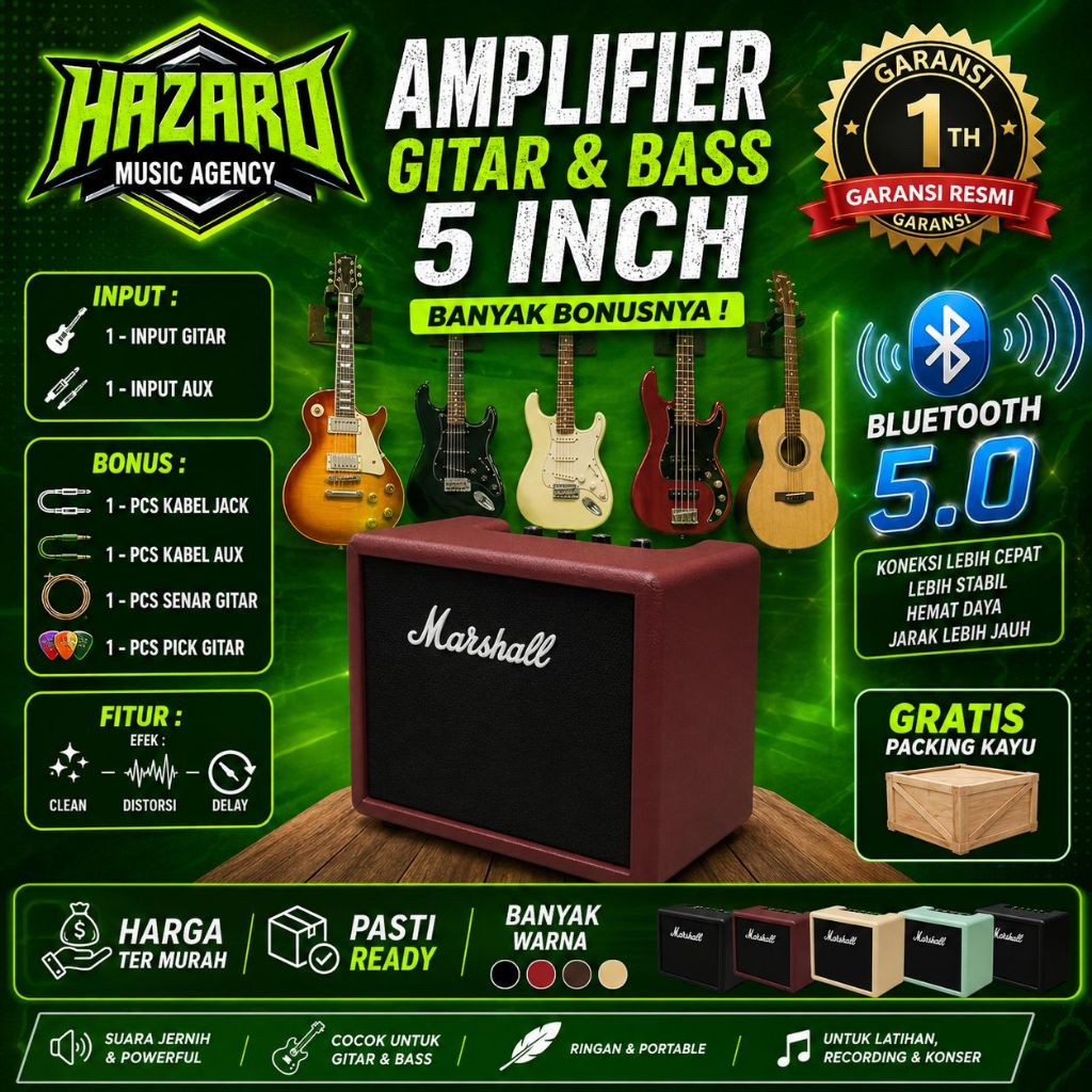 ampli gitar dan bass 5 inch bluetooth 2 Input marshall plus efek distorsi & aux bergaransi merah