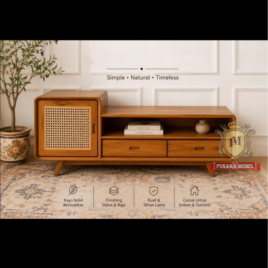 lemari rak bufet tv kayu jati minimalis ukuran 150 cm, bufet kabinet tv kayu jati jepara model minim