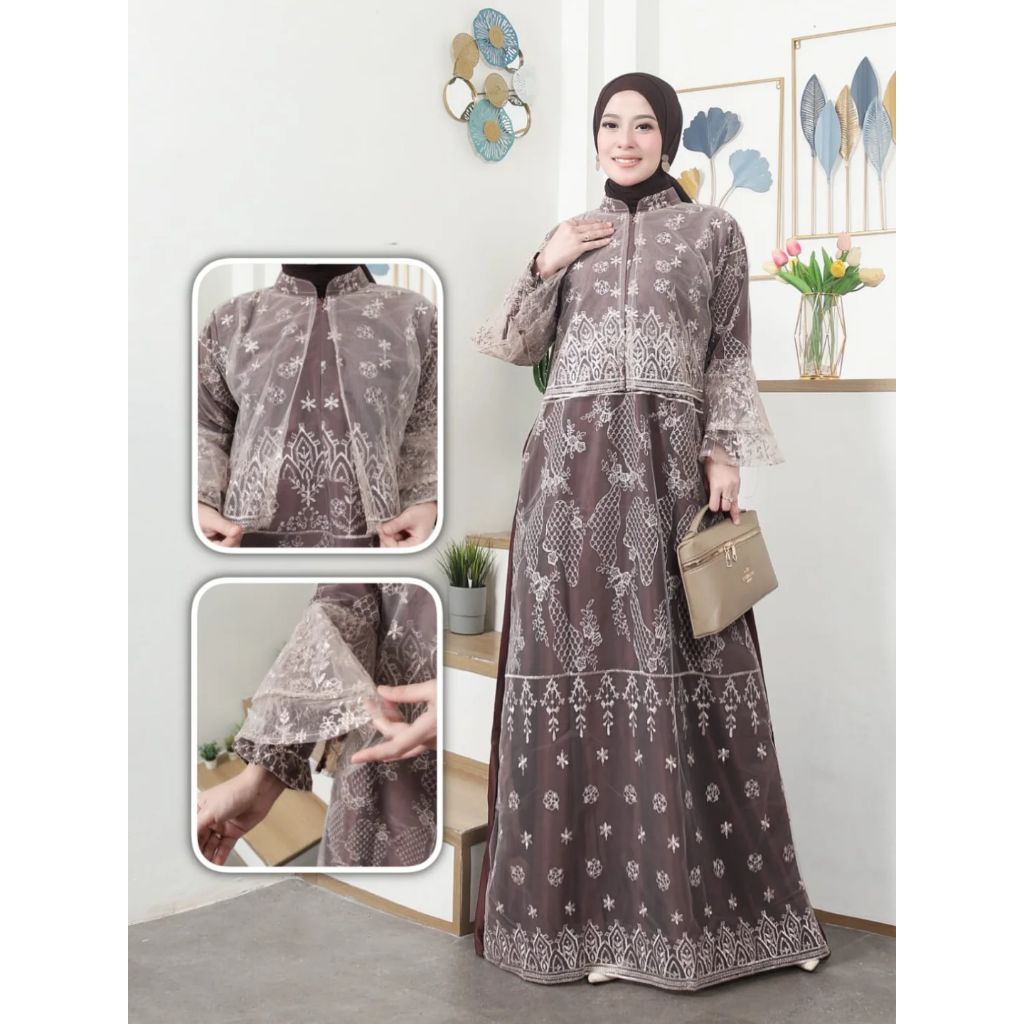 Dress Pesta Velvet mix Burkat Gamis Kondangan Simple Elegan Resleting Depan Bagian tangan karet