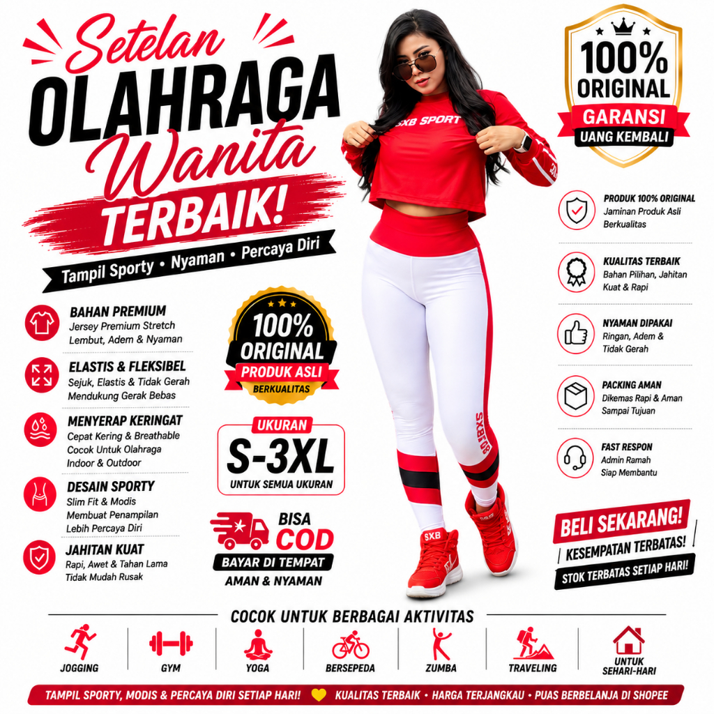SETELAN BAJU OLAHRAGA SENAM WANITA SXB SPORT RED LONGSLEEVE LEGGENG MERAH PUTIH COMPRESION