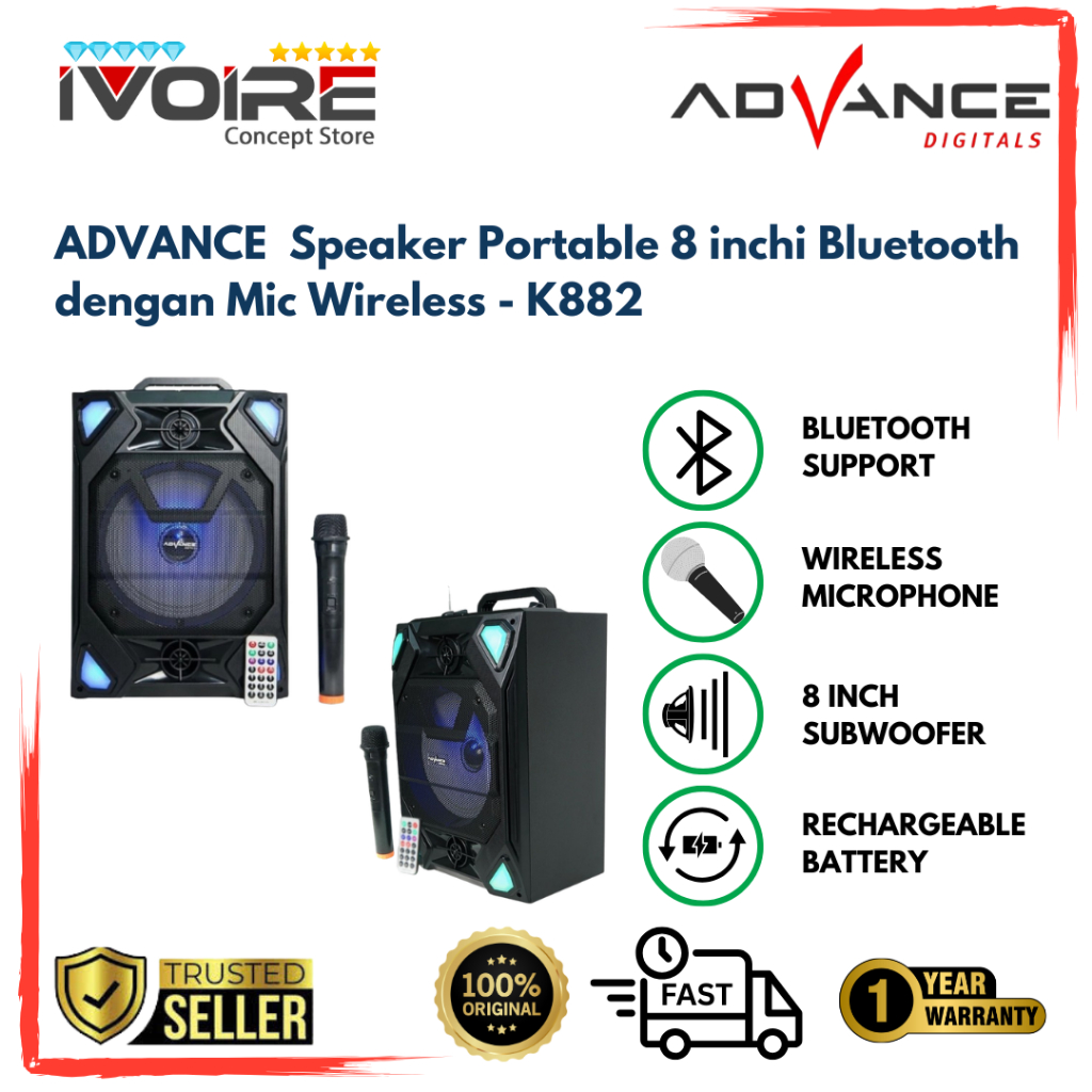 ADVANCE  Speaker Portable 8 inchi Bluetooth dengan Mic Wireless - K882
