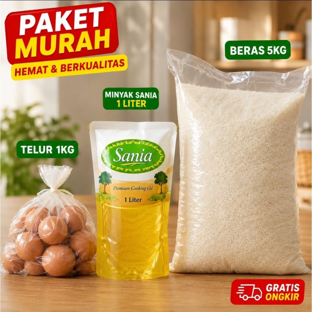 Paket Sembako Telur 1 Kg + Minyak Sania 1 Liter + Beras SP Sumedang 5 Kg