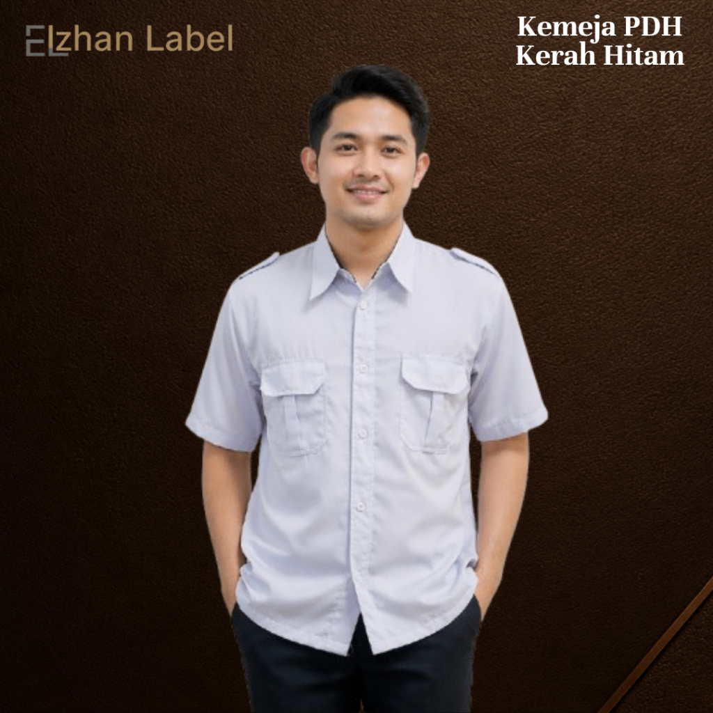 Elzhan Label - Baju PDH Putih Kerah Hitam Japan Drill Pria
