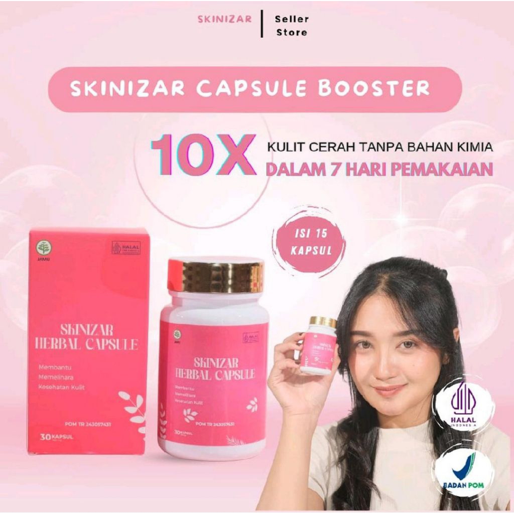 SKINIZAR HERBAL | Pemutih Badan HALAL & BPOM | Pencerah Kulit dan Tubuh isi 15 Kapsul