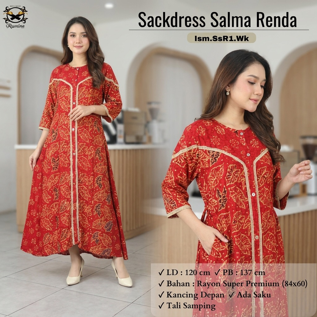 RUMINA (LD 120 PB 137) SACKDRESS SALMA RENDA ORI by RUMINA BATIK DASTER BATIK CAP RAYON NYAMAN HALUS